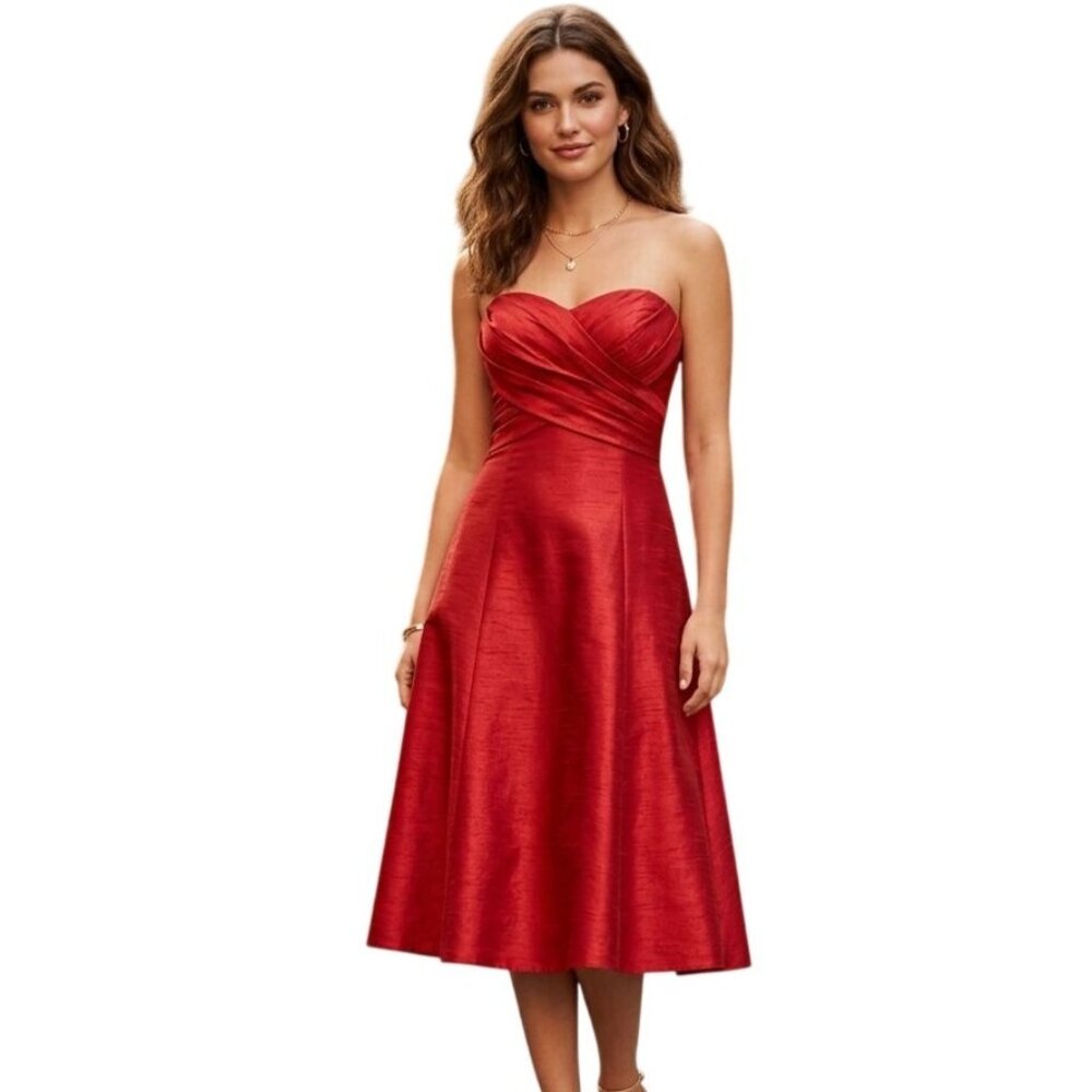 Watters & Watters Red Knee-Length A-line Dress 10 Dupioni Silk Bow Formal Prom